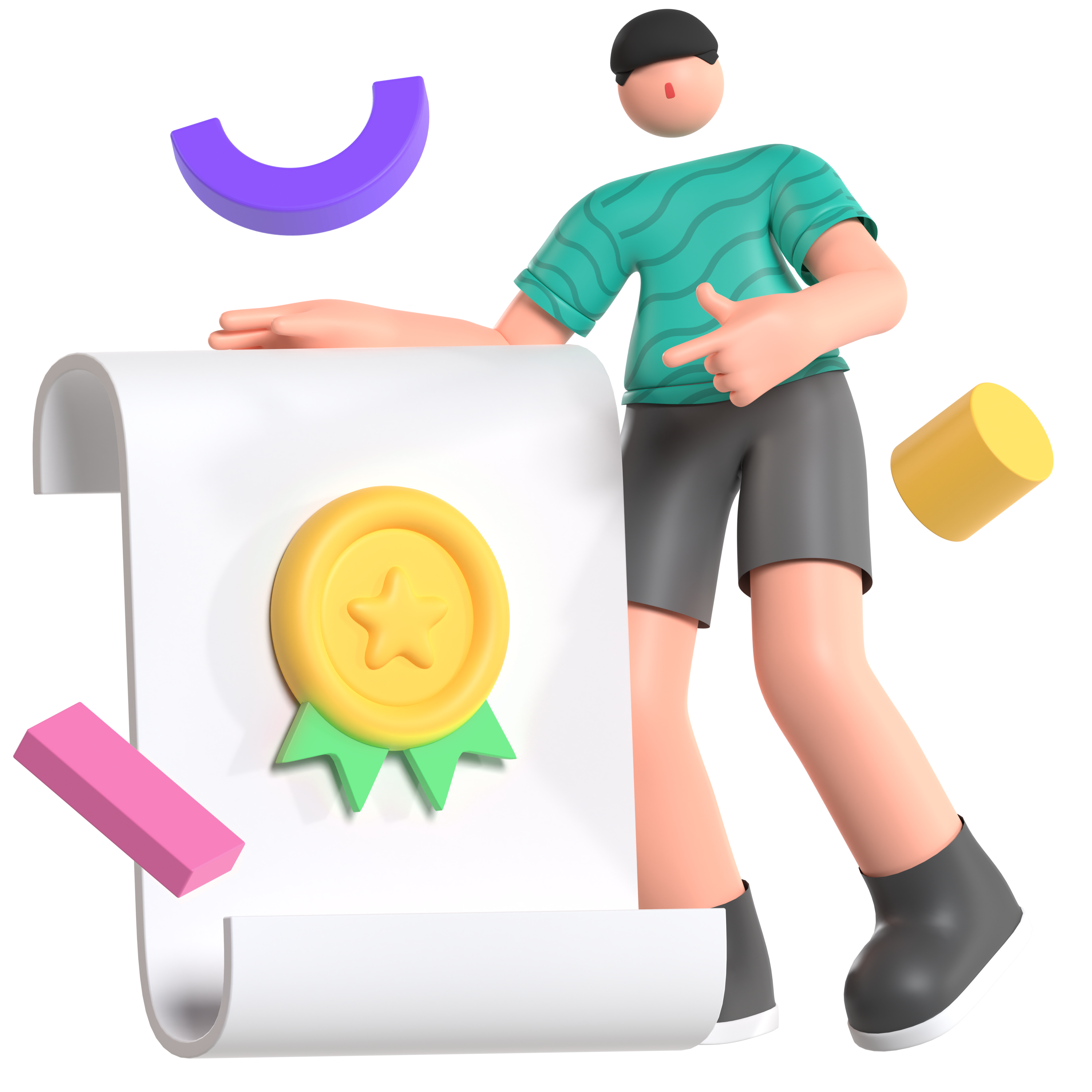 Ilustração 3D de pessoa junto a certificado com medalha, representando reconhecimento e confiança